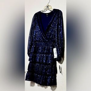 “MSK”V-Neck Sparkle Chiffon lantern long sleeve smocked ruffleNavyCocktail Dress